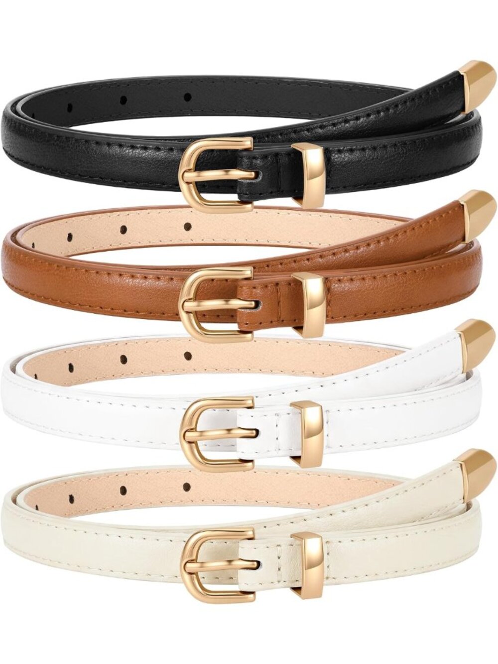 4 Pack Women's Skinny Leather Belts - Thin Waist Belts with Gold & Silver
